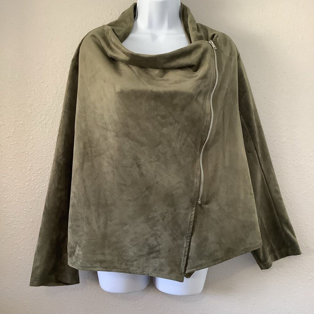 Green Faux‎ Vegan Suede Draped Cowl Neck Asymmetrical Full Zip Jacket XL Casual